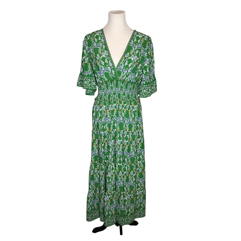 Max Studio Green Floral Smocked Waist Tiered Maxi Dress Womens‎ Size M New